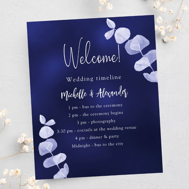 Navy blue eucalyptus wedding program timeline flyer (Creator Uploaded)