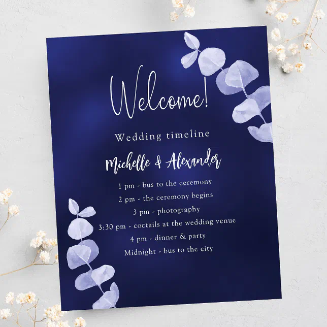 Navy blue eucalyptus wedding program timeline flyer | Zazzle
