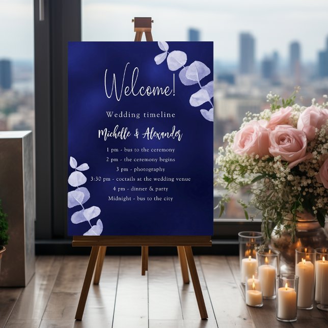 Navy blue eucalyptus wedding program timeline foam board (Creator Uploaded)