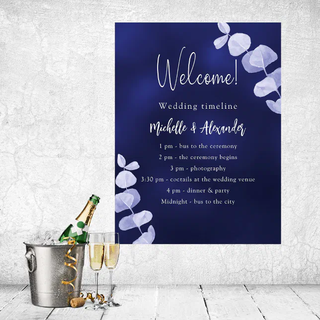navy-blue-eucalyptus-wedding-program-timeline-poster-zazzle