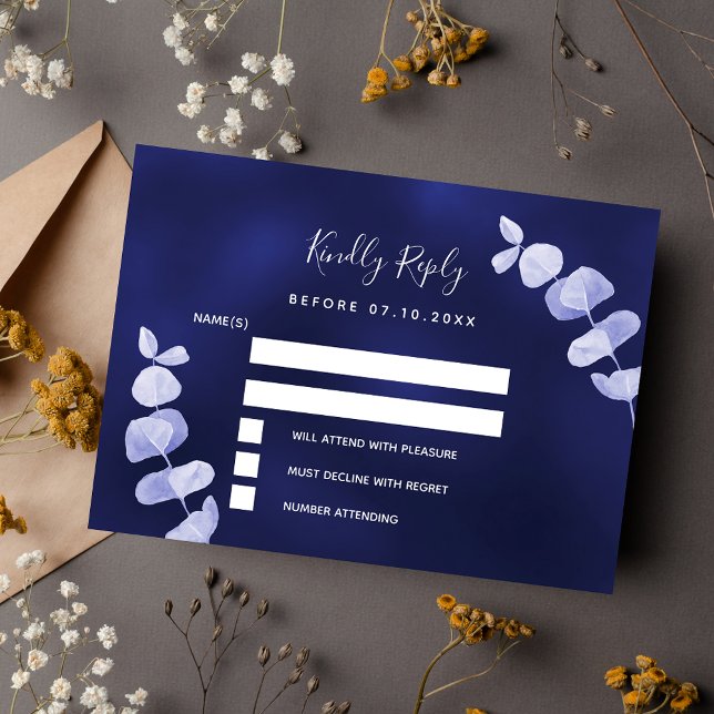 Navy blue eucalyptus wedding response RSVP Note Card (Creator Uploaded)
