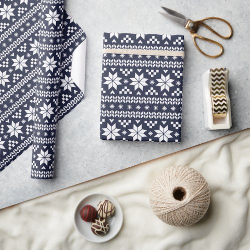 Navy Blue Fair Isle Christmas Sweater Pattern Wrapping Paper