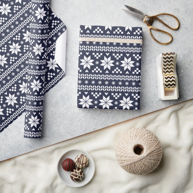 Navy Blue Fair Isle Christmas Sweater Pattern Wrapping Paper (Crafts)
