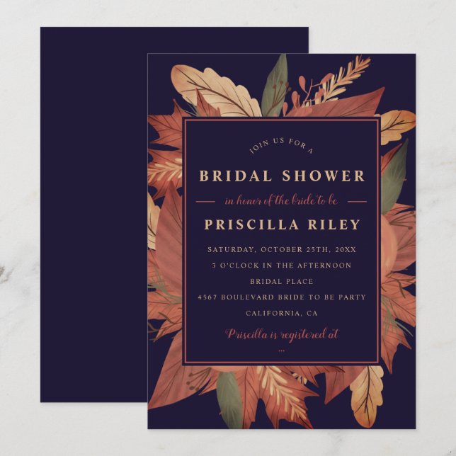 Navy blue fall brown floral bridal shower invitation (Front/Back)