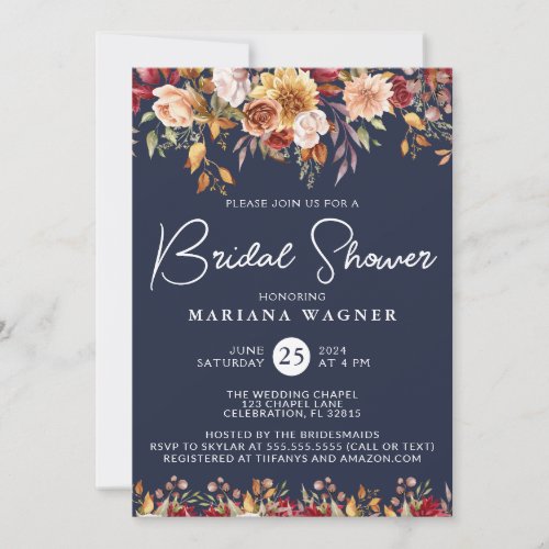 Navy Blue Fall Floral Bridal Shower Invitation