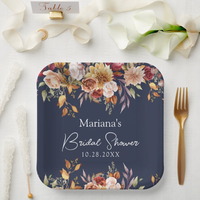 Navy Blue Fall Floral Bridal Shower Paper Plates (Wedding)