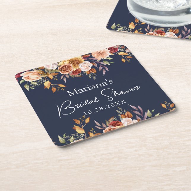 Navy Blue Fall Floral Bridal Shower Square Paper Coaster (Angled)