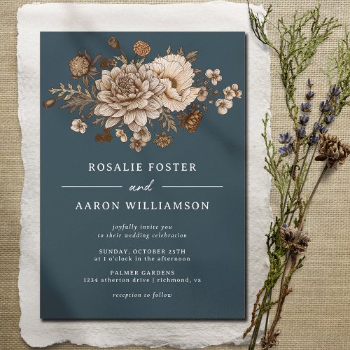 Navy Blue  Fall Floral Formal Moody Boho Wedding Invitation