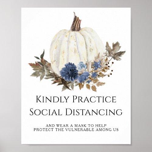 Navy Blue Fall Floral Pumpkin Social Distance Poster