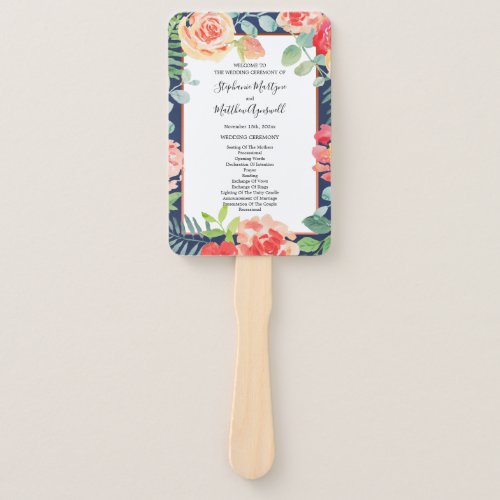 Navy Blue Fall Floral Wedding Ceremony Program Hand Fan