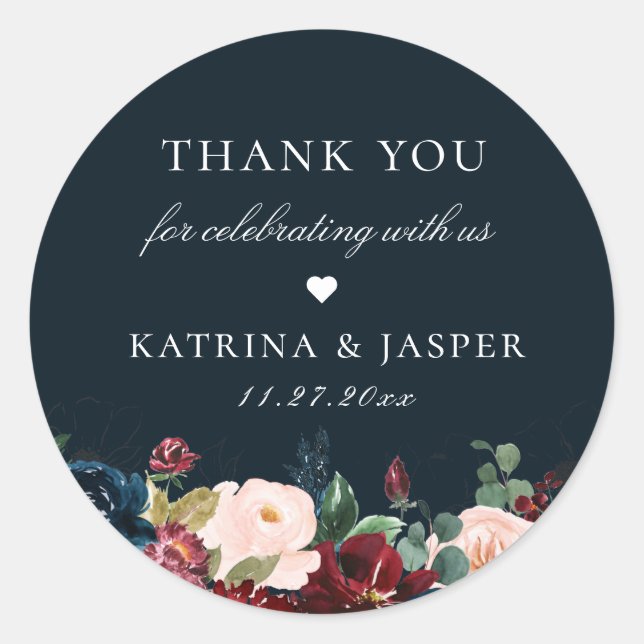 Navy Blue Fall Floral Wedding Favor Classic Round Sticker (Front)
