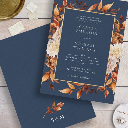Navy Blue Fall Floral Wedding Invitation