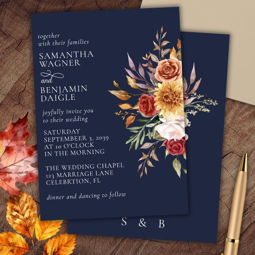 Navy Blue Fall Floral Wedding Invitation