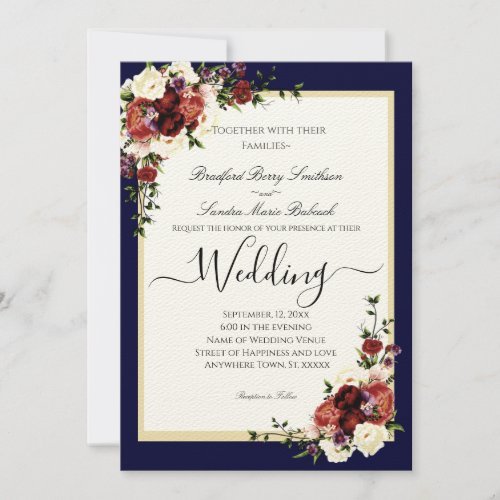 Navy blue Fall Flowers Terracotta Cream Burgundy Invitation