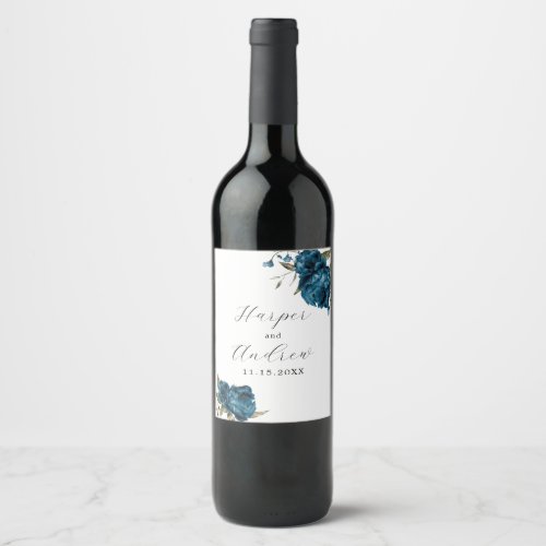 Navy Blue Fall Flowers Wedding Wine Label