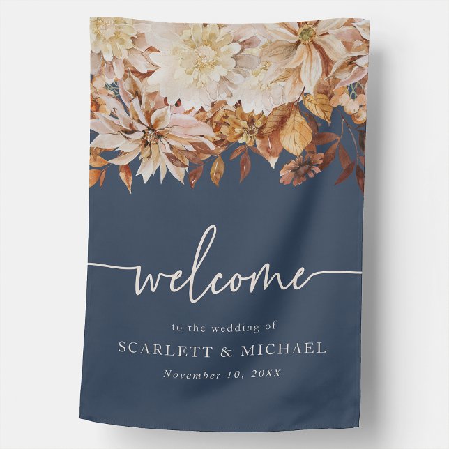 Navy Blue Fall  House Flag (Navy Blue Floral Autumn House Flag
)