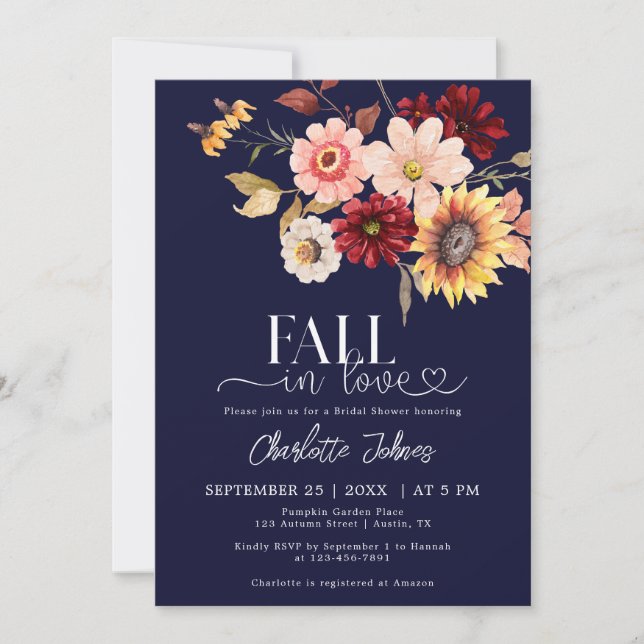 Navy Blue Fall In Love Dahlia Daisy Bridal Shower Invitation (Front)