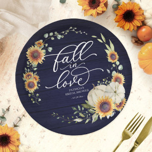 Navy Blue Fall in Love Pumpkin Sunflower Paper Plates