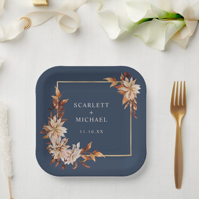 Navy Blue Fall Paper Plate (Navy Blue Fall Floral Paper Plate by Painted Paperie
)