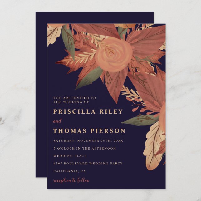 Navy blue fall red floral wood wedding invitation (Front/Back)