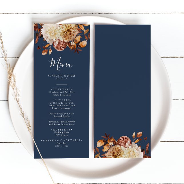 Navy Blue Fall Wedding Menu (Navy Blue Autumn Floral Wedding Menu by Painted Paperie
)