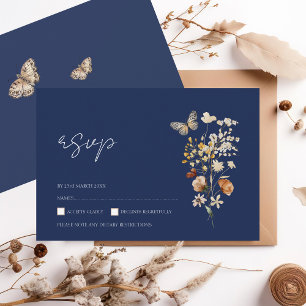Navy Blue Fall Wildflower Wedding RSVP Card