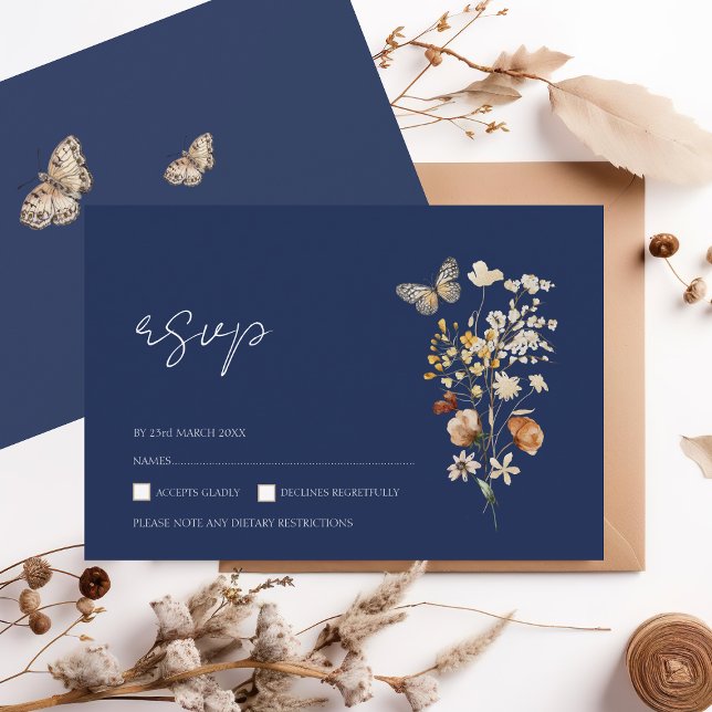 Navy Blue Fall Wildflower Wedding RSVP Card (Creator Uploaded)