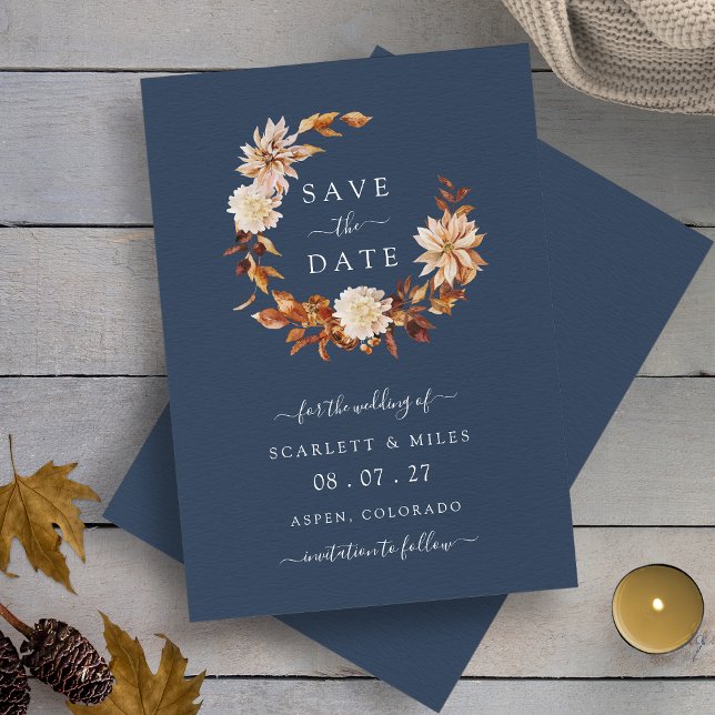 Navy Blue Fall Wreath Wedding Save The Date (Navy Blue Watercolor Fall Wreath Wedding Save The Date by Painted Paperie
)