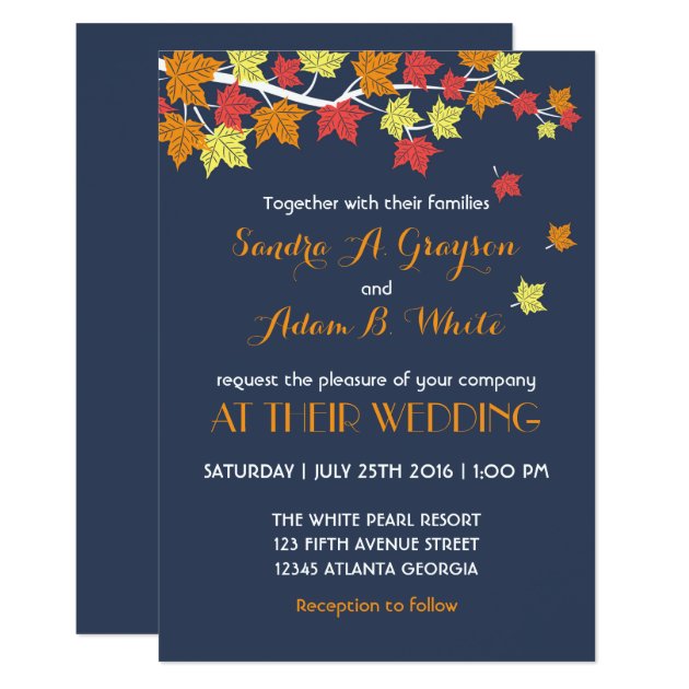 Navy Blue Falling Maple Leaves Wedding Invitation