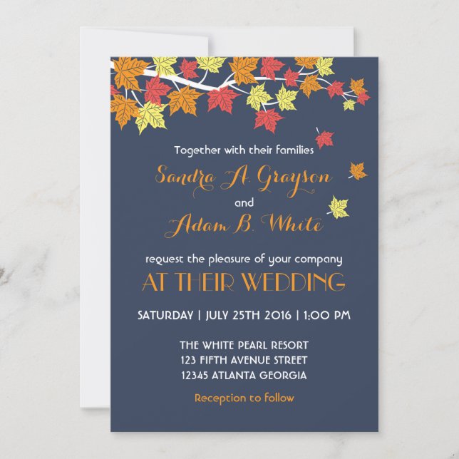 Navy Blue Falling Maple Leaves Wedding Invitation (Front)