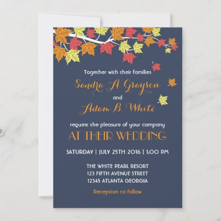 Navy Blue Falling Maple Leaves Wedding Invitation