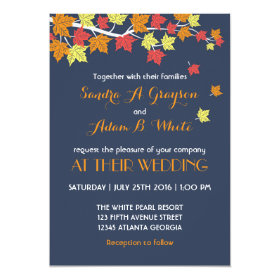 Navy Blue Falling Maple Leaves Wedding Invitation