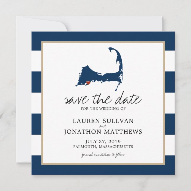 Navy Blue Falmouth Cape Cod Map Save the Date (Front)