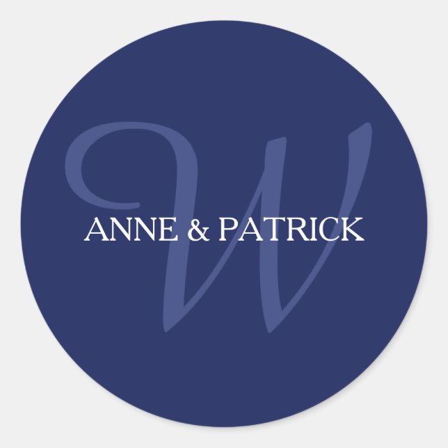 navy blue family initial monogram + names, wedding classic round sticker (Front)
