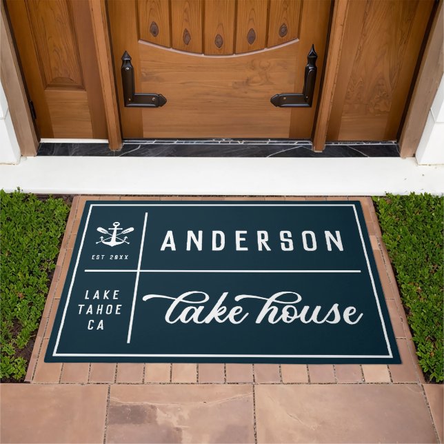 Navy Blue Family Lake House Nautical Anchor Paddle Doormat (Outdoor)