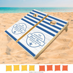 Navy Blue Family Logo Beach House Cornhole Set