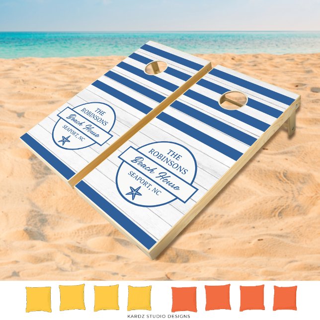 Navy Blue Family Logo Beach House Cornhole Set (Personalize this set with your family name, and place or established date. Choose two bag colors.)