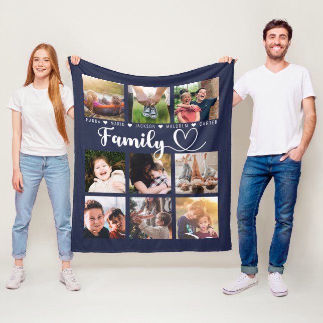 Navy Blue Family Memories Nine Photo Collage Fleece Blanket (In Situ)