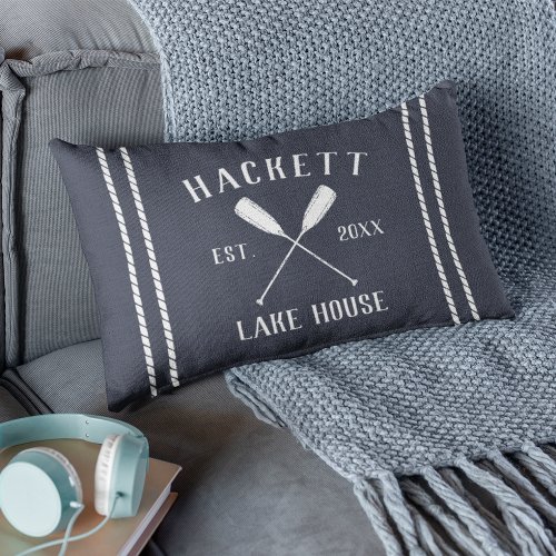 Navy Blue Family Name Lake House Oars Lumbar Pillow