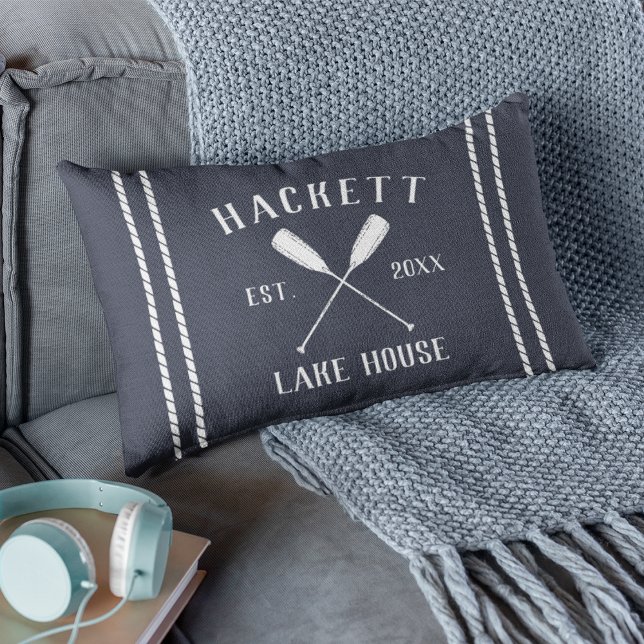 Navy Blue Family Name Lake House Oars Lumbar Pillow (Creator Uploaded)