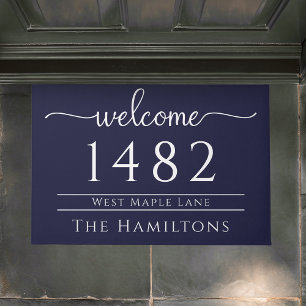 Navy blue family name personalized address doormat