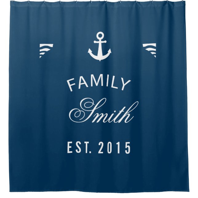 Navy Blue Family Nautical Anchor Personalized Shower Curtain (Front)
