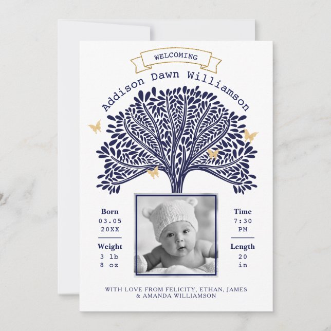 Navy Blue Family Tree Baby Birth Announcement (Front)