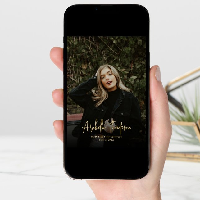 Navy Blue Fancy Script Photo Collage Graduation Announcement (Front Digital)