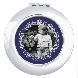 Navy Blue Fancy Swirls Frame Custom Photo Makeup Mirror