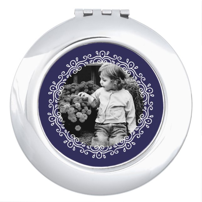 Navy Blue Fancy Swirls Frame Custom Photo Makeup Mirror (Front)