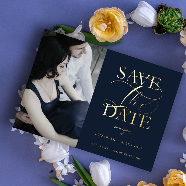 Navy Blue Fancy Trendy Photo Real Metallic Foil Invitation (Navy Blue Fancy Trendy Wedding Photo Real Metallic Foil Save the Date Card with Envelope.)