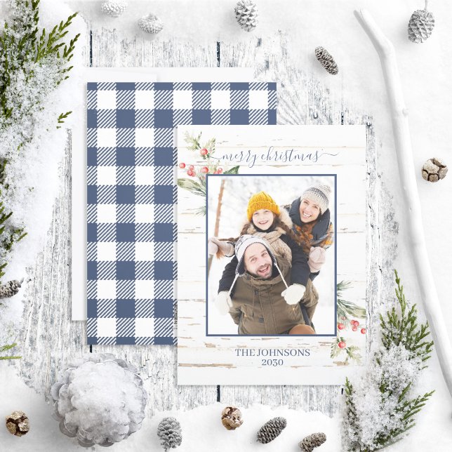 Navy Blue Farmhouse Merry Christmas Plaid Photo Holiday Card (Creator Uploaded)