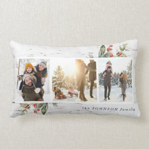 Navy Blue Farmhouse Photo Collage Plaid Xmas Lumbar Pillow