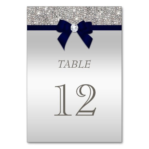 Navy Blue Faux Bow Silver Sequins Table Number